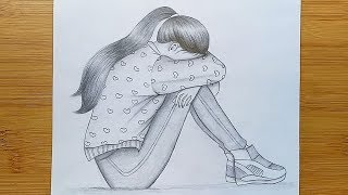 Draw Alone girl with pencil sketch/ How to draw a Sad Girl Step by step