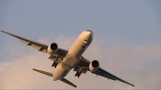 【飛行機】夕日を浴びながら低空飛行で通過・東京国際空港