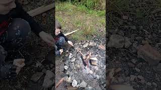 Cabin in the woods camping. Firemaking, carving, whittling and campfire cooking