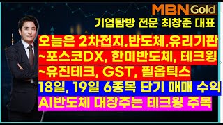 MBN골드(기업탐방 전문 최창준대표)2차전지,반도체,유리기판~포스코DX, 한미반도체, 테크윙,유진테크, GST, 필옵틱스 18,19일 각 6종목  수익, AI반도체 대장주는 테크윙