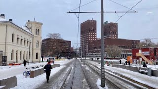 OSLO FIRST SNOW 4K 🇳🇴🇳🇴 WINTER 2021 TRAVELING WITH TRAM AND WALKING AROUND