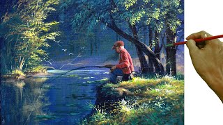 Acrylic Landscape Painting Tutorial / Old Man Fishing on the River in Forest