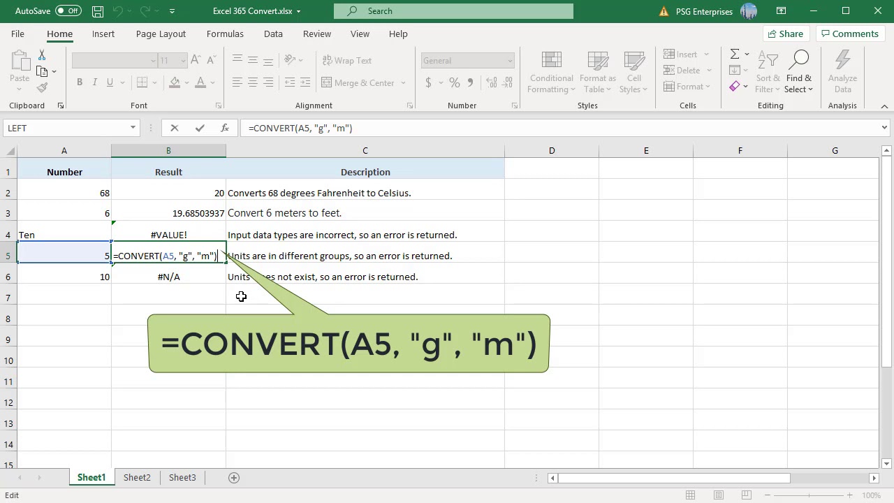How To Create Unit Conversion Table Using Convert Function In Excel