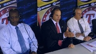 DET@TEX: Pudge Rodriguez visits Rangers TV booth