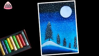 Easy Winter Snowfall Scenery Drawing for Beginners with Oil Pastels -  Step by Step