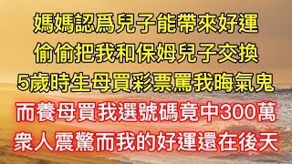 媽媽認爲兒子能帶來好運，偷偷把我和保姆兒子交換，5歲時生母買彩票罵我晦氣鬼，而養母買我選號碼竟中300萬，衆人震驚而我的好運還在後天