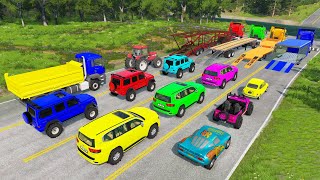 Quad Trucks Transporting Cars with Flatbed Trailers - Speedbumps vs Cars vs Train |BeamNG.Drive #113