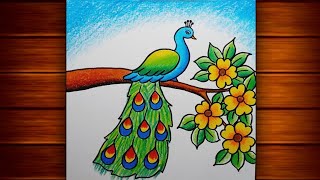 Easy Peacock Scenery Drawing || How to Draw Peacock Step by Step || Peacock Drawing Tutorial..
