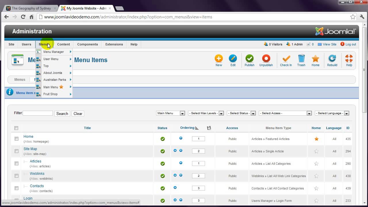 Joomla Tutorial (HD) - Lesson 15 - Menus - YouTube