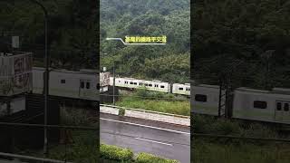 地點基隆：從高處角度拍攝的鐵路火車平交道連接馬路