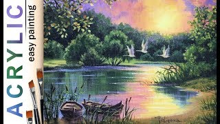 "Lake sunset. Flying swans" How to paint landscape 🎨ACRYLIC tutorial DEMO