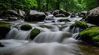 The sound of rocky river water. drizzle. Bird sounds for study, work, sleep, meditation, ASMR