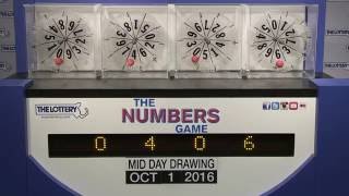 Midday Numbers Game Drawing: Saturday, October 1, 2016