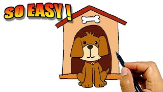 How to draw a dog house with a dog easy version | Easy Drawings