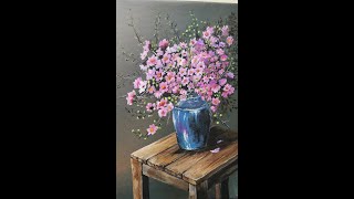 Pink Flowers And Vase Acrylic Painting #shorts #youtubeshorts #reels