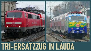 Abfahrt 111 067 und 111 074 (Touristik) mit Ersatzzug im Bf Lauda