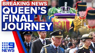Queen’s coffin procession through London followed by royal family | 9 News Australia