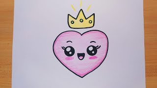 تعليم الرسم/رسم قلب كيوت يرتدي تاج جميل/رسم قلب سهل/رسم قلب للاطفال/رسم سهل/ رسم للاطفال/رسومات