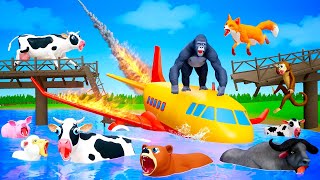 Funny Animals Survive Midway Airplane Crash and Explore Island - Gorilla, Mammoth, Cow, Lion, Tiger