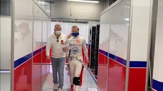 Nikita Mazepin arriving at the Haas Garage with his father Dmitri Mazepin