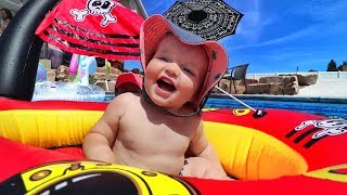 PIRATE NIKO BEAR and his inflatable ship!! Hidden Underwater Treasure and a NEW Obstacle Course!