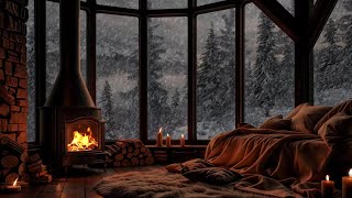 Peaceful Snowfall by the Window | Warm Fireplace, Candlelight \u0026 Soothing Blizzard Sounds