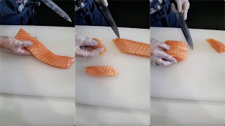 今天教大家如何切三文鱼手握所需的鱼片 Today I will teach you how to cut salmon fillets#刀工 #寿司教程 #sushi