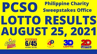 LOTTO RESULTS | AUGUST 25, 2021 Grand Lotto 6/55 | Mega Lotto 6/45 | 4Digit | 3Digit | 2Digit | PCSO