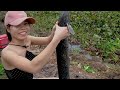 beautiful girl fishing big fish great experience in the middle of nature