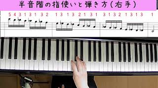 半音階の指使いと弾き方例（片手ずつ）