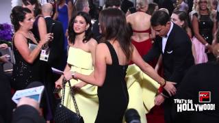 Channing Tatum such a gentleman holding Jenna's Dress at The Golden Globes
