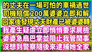 的丈夫在一場可怕的車禍過世，司機賠償200萬婆婆立即和解，回家後發現丈夫財產已被婆婆轉，我產生疑慮立即悄悄要求屍檢，婆婆急扇巴掌並阻止我管閒事，沒想到警察隨後來逮捕她全家！#情感故事 #花開富貴