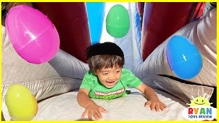 HUGE EGGS SURPRISE TOYS CHALLENGE for kids on inflatable slides