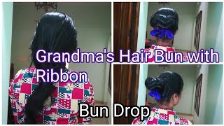 Grandma's Oily Hair Bun with Ribbon \u0026 Bun Drop.|Sujas World Malayalam. Epi no 68