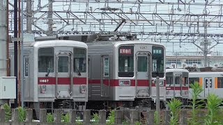 【東武10030系 唯一 シングルアームパンタ車 11267F先頭 ブツ6 前パン】東武10030系 11267F+11256F+11258F 南栗橋 パンタ上げ留置