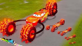 Big \u0026 Small Triple Spider Lightning McQueen Glow Stripes Spiked Thorns vs Thomas Train BeamNG.Drive