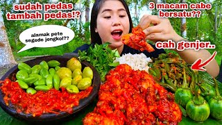 EAT SPICY SHRIMP, SAUTEED GENJER VEGETABLES, RAW LAPAN JENGKOL, PETE EGGPLANT, KEMANGI TERASI SAMBAL