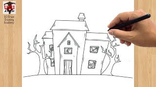 Haunted House Drawing | How to Draw a Creepy Spooky House | Halloween Mansion Drawing Idea