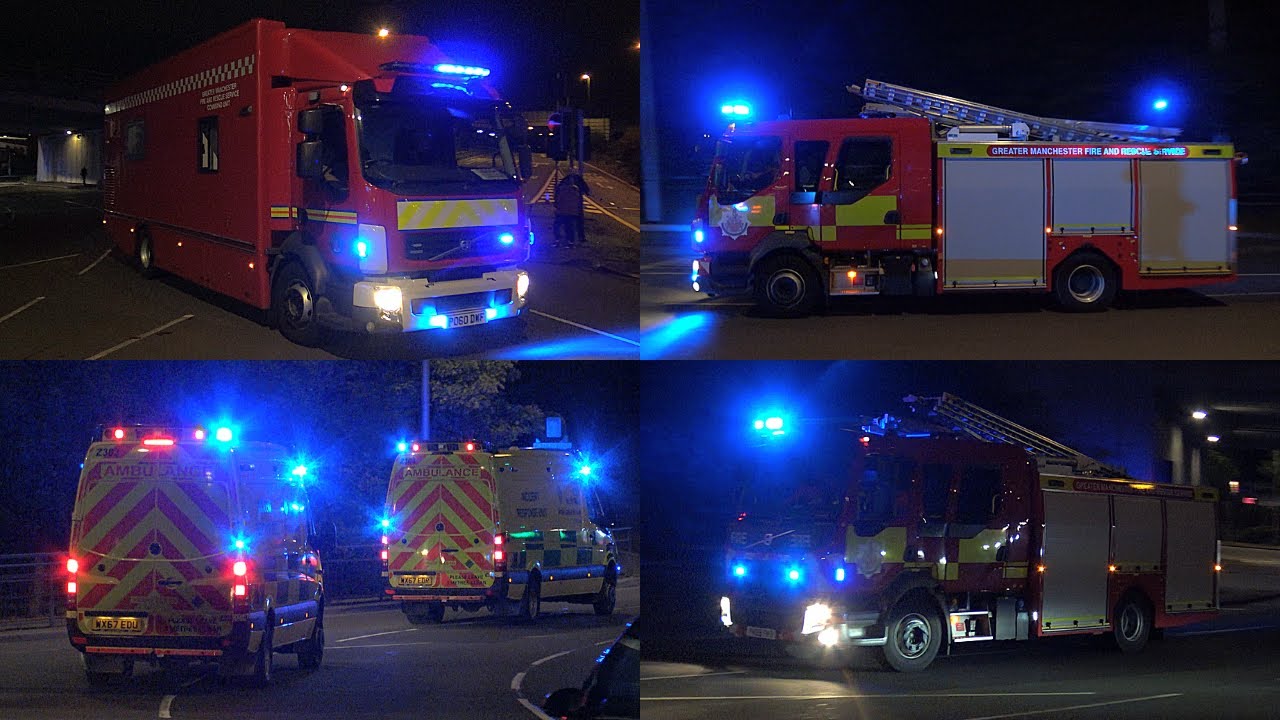 Major Car Dealership fire in Stockport! - Specialist Fire Trucks & Ambulances Responding