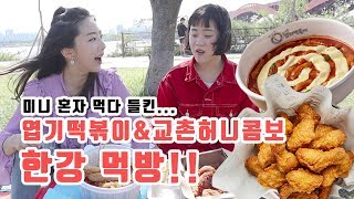 미니 혼자 먹다 들킨...한강에서 엽기떡볶이\u0026교촌허니콤보 먹방!! [미니비니]