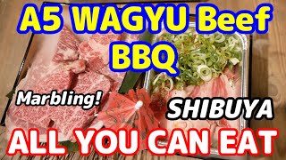 All-you-can-eat A5 marbled wagyu beef, premium tongue, & over 100 sides at BBQ Takeda Shibuya, Japan