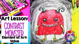 Element of Art: Value, Cartoon Monster Art Lesson Step-By-Step Drawing for Kids!