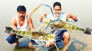 Chilika lake side Tiger prawn cooking \u0026 eating Village style l झींगा करी मसाला #seafood  #chingri