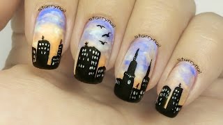 Sunrise in a city [Freehand Nail Art]