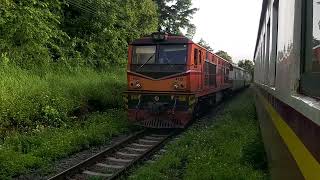 SRT rapid train 102 (Alsthom loco 4125) from Chiang Mai to Bangkok arrives Khun tan station. 2022