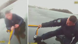 Four men fall through ice into lake - here's the dramatic moment police rescued them