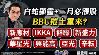 白蛇顯靈+二月必漲股！BBU捲土重來？新應材、IKKA、群聯、新盛力、華星光、興能高、亞光、辛耘｜2024/01/20｜藍登耀 分析師｜金融鬼谷子