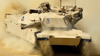 US Army M1A2 Abrams tanks in the Egyptian desert during a live-fire exercise.