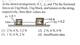 In the shown arrangement ,if f1 ,f2 and T be the frictional force on 2kg block  , 3kg block ,and te.