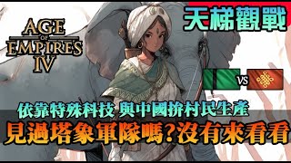 【世紀帝國4】《天梯觀戰》看過塔象軍團嗎？沒有的話來看看，特殊科技與宋朝對拚村民生產｜德里蘇丹vs中國